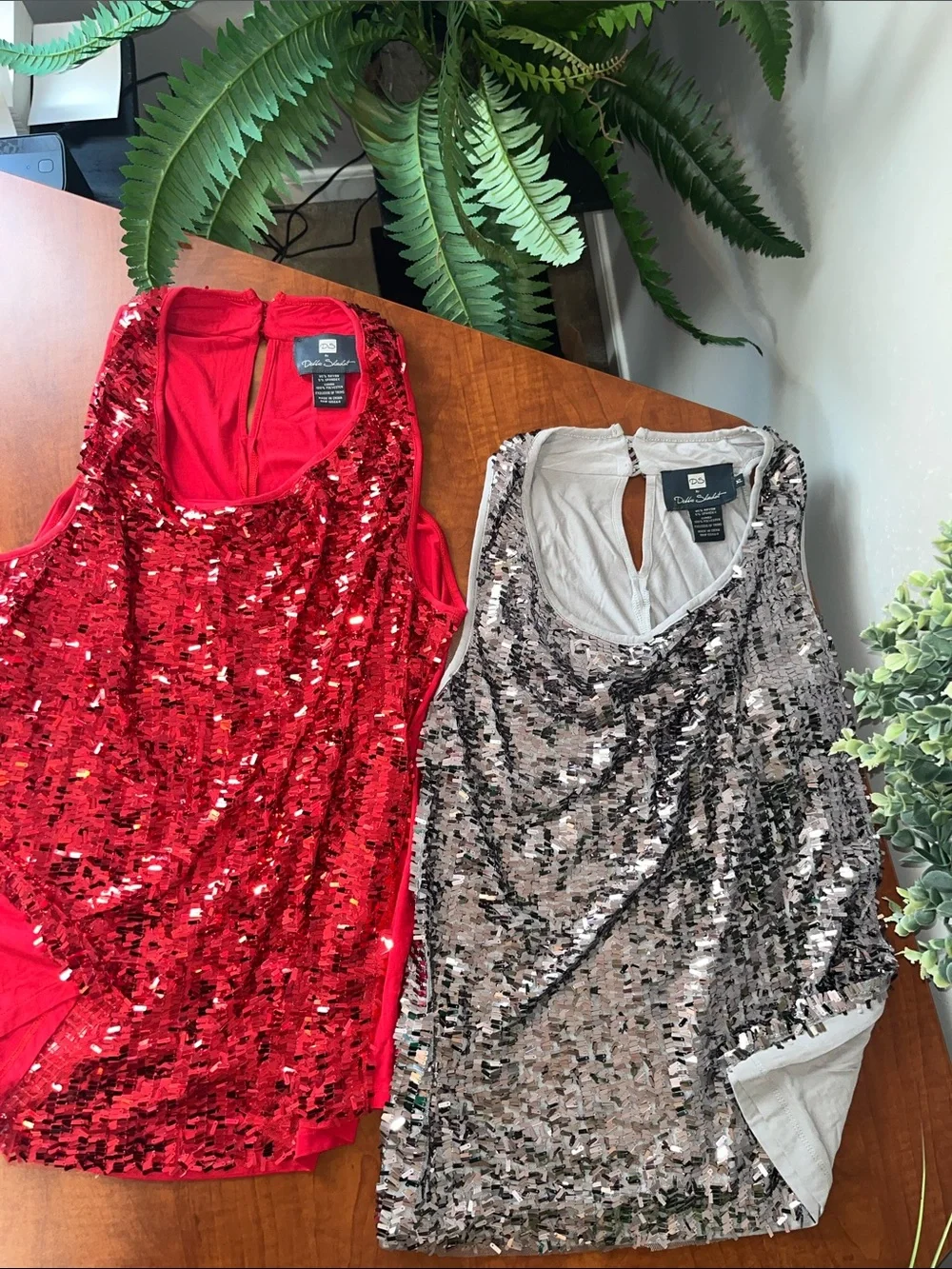 BOTH Sequin Party Tops Red & Silver Confetti Sequins Club Wear Drape Neck - Picture 12 of 15